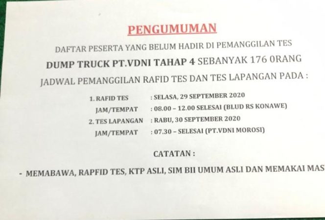 
					Ini Daftar Calon TKL Devisi Dump Truck VDNi Tahap 4 Yang Belum Hadir Memenuhi Panggilan Tes