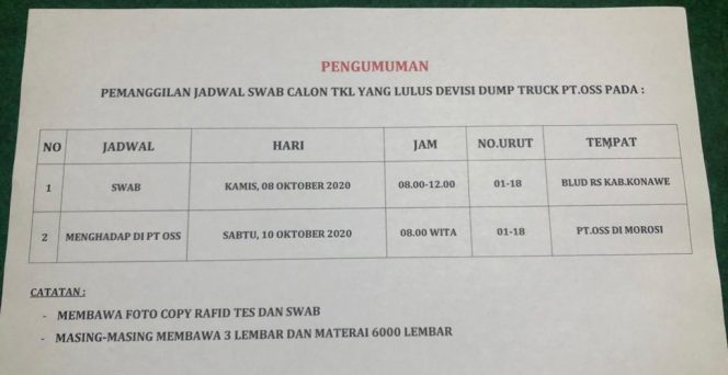 
					Ini Jadwal Pemanggilan Swab Devisi Dump Truck PT. OSS Terbaru
