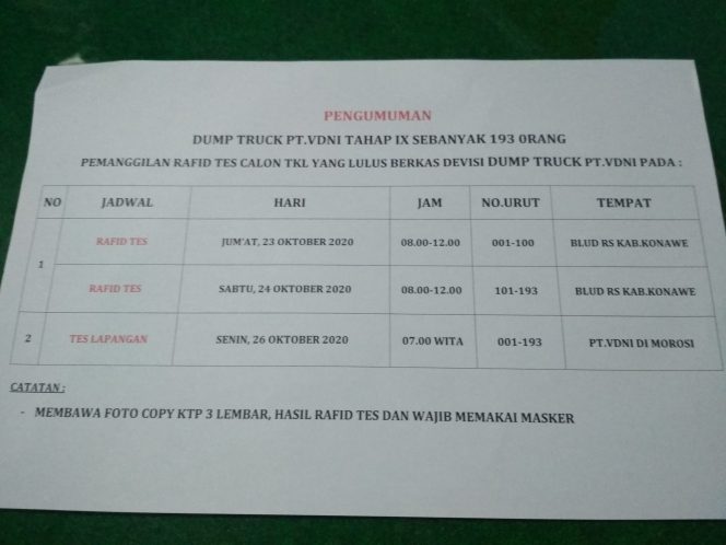 
					Pengumuman Devisi Dump Truck PT. VDNI di Morosi