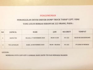 Pengumuman TKL Devisi Dump Truck yang Lulus Berkas PT. VDNI Morosi