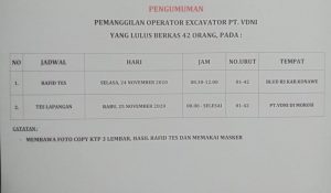 Pengumuman Calon TKL Lulus Berkas Devisi Excavator & Loader PT VDNi