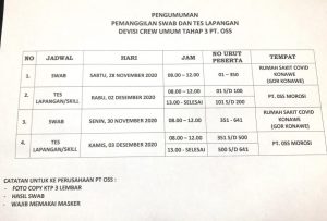 Jadwal Pemanggilan Swab dan Tes Lapangan Devisi Crew Umum PT OSS