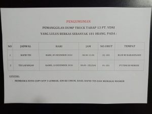 Pemanggilan Dump Truck Tahap 13 PT VDNi