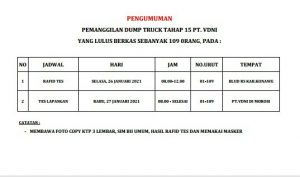 Pengumuman Pemanggilan Divisi Dump Truck Tahap 15 PT VDNI