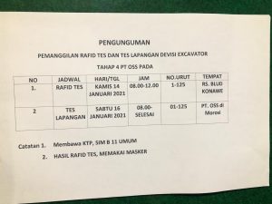 Pengumuman Pemanggilan Divisi Excavator Tahap 4 PT OSS