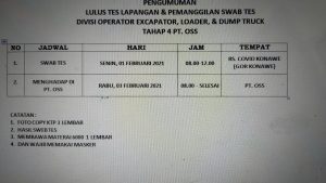Pengumuman Pemanggilan Divisi Operator Excavator, Loader, dan Dump Truck Tahap 4 PT OSS