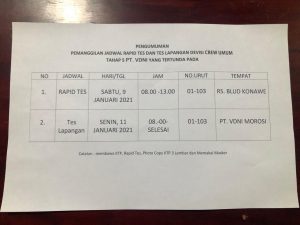 Pengumuman Pemanggilan Jadwal Rapid Tes dan Tes Lapangan Devisi Crew Umum Tahap 5 PT VDNI