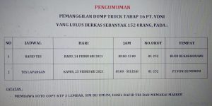 Pengumuman Pemanggilan Dump Truck Tahap 16 PT VDNI