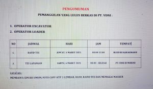 Pengumuman Pemanggilan CTKL Divisi Operator Excavator dan Loader PT VDNI