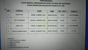 Pengumuman Pemanggilan Divisi Operator Loader Tahap 6 dan Operator Exacavator Tahap 5 PT OSS