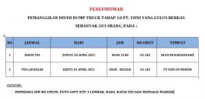 Pengumuman Pemanggilan Divisi Dump Truck Tahap 18 PT VDNI