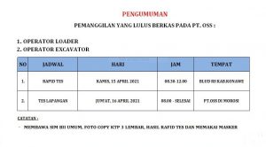 Pengumuman Pemanggilan Lulus Berkas Operator Loader dan Excavator Tahap 6 PT OSS