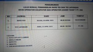 Pengumuman Pemanggilan Divisi Operator Excavator dan Loader Tahap 7 PT OSS