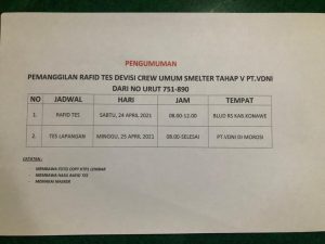 Pengumuman Pemanggilan Divisi Crew Umum Smelter Tahap 5 PT VDNI