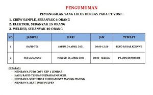 Pengumuman Pemanggilan Crew Sample Elektrik dan Welder PT. VDNI