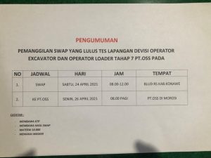 Pengumuman Swab Test Divisi Excavator dan Loader Tahap 7 PT OSS