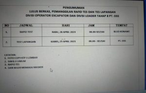Pengumuman Pemanggilan Divisi Operator Excavator dan Loader Tahap 8 PT OSS