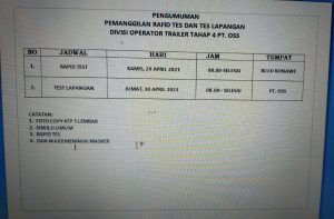 Pengumuman Pemanggilan Divisi Operator Trailer Tahap 4 PT OSS
