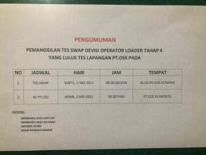 Pengumuman Tes Swab Yang Lulus Tes Lapangan Operator Loader Tahap 4 PT OSS