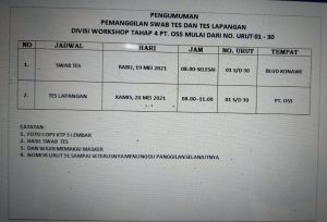Pengumuman Pemanggilan Divisi Workshop Tahap 4 PT OSS
