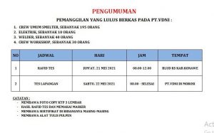 Pengumuman Pemanggilan Crew Umum Welder Elektrik Crew Workshop PT VDNI
