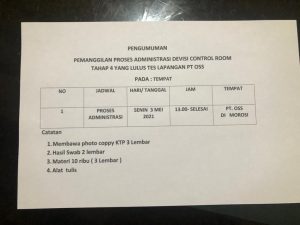 Pengumuman Pemanggilan Proses Administrasi Divisi Control Room Tahap 4 PT OSS