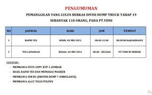 Pengumuman Pemanggilan Divisi Dump Truck Tahap 19 PT VDNI