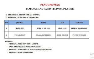 Pengumuman Pemanggilan Divisi Elektrik dan Divisi Welder PT VDNI