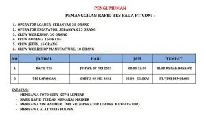 Pengumuman CTKL Loader Excavator Workshop Gudang Jetty dan Workshop Manufacture PT VDNI