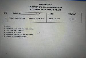 Pengumuman Pemanggilan Divisi Dump Truck Tahap 5 PT OSS