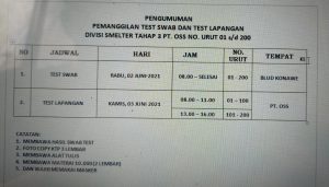 Pengumuman Pemanggilan Divisi Smelter Tahap 3 PT OSS