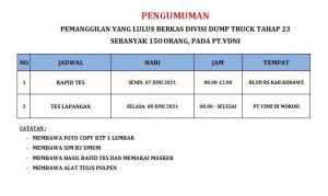 Pengumuman Pemanggilan Divisi Dump Truck Tahap 23 150 Orang PT VDNI