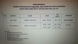 Pengumuman Jadwal Pemanggilan Lanjutan CTKL Divisi Crew Smelter PT OSS No Urut 601-701