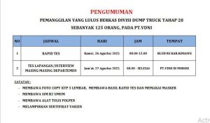 Pengumuman Pemanggilan Divisi Dump Truck Tahap 28 PT VDNI