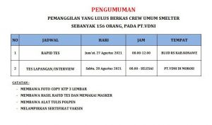 Pengumuman Pemanggilan Lulus Berkas Crew Umum Smelter PT VDNI