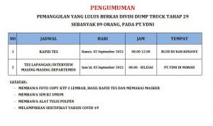 Pengumuman Pemanggilan Divisi Dump Truck Tahap 29 PT VDNI