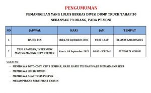 Pengumuman Pemanggilan Divisi Dump Truck Tahap 30 PT VDNI