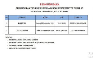 Pengumuman Pemanggilan CTKL Divisi Crew Umum Smelter Tahap 13 PT VDNI